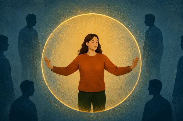Woman inside glowing golden barrier, keeping distance from surrounding shadowy figures