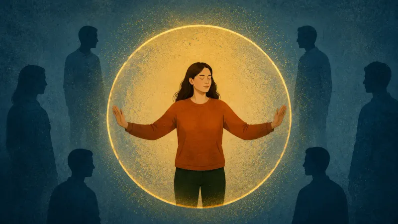 Woman inside glowing golden barrier, keeping distance from surrounding shadowy figures