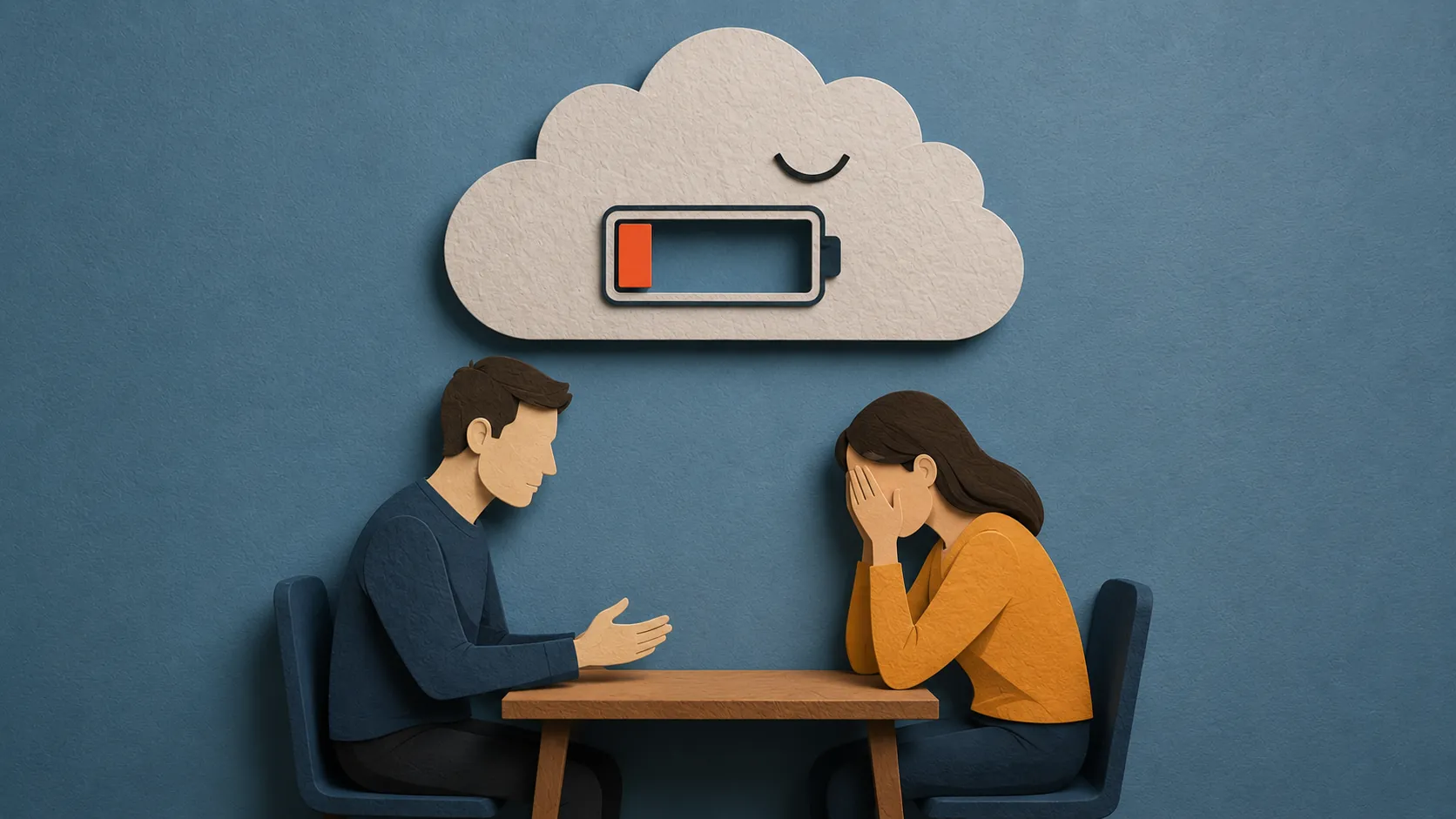 Couple at table mid-conflict under low battery cloud, showing emotional exhaustion