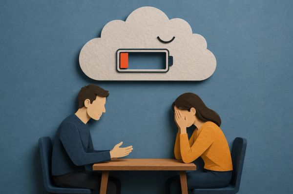 Couple at table mid-conflict under low battery cloud, showing emotional exhaustion