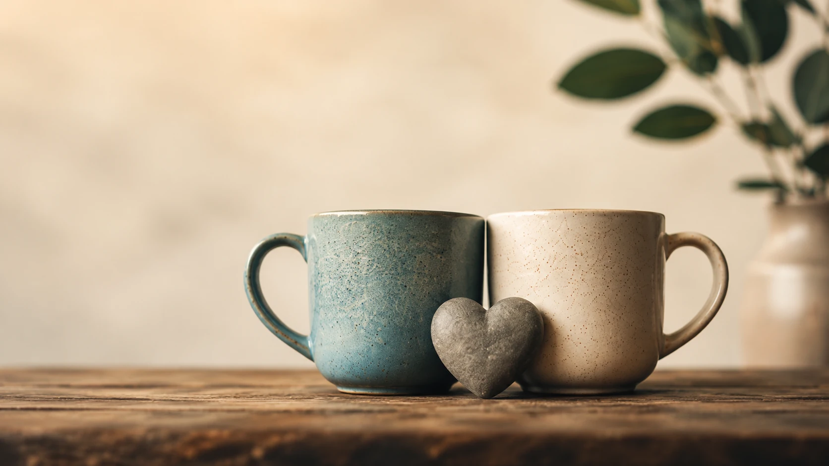 Two ceramic mugs side by side with a small heart on a wooden table, soft cozy light.