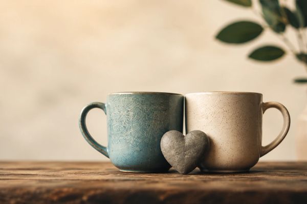 Two ceramic mugs side by side with a small heart on a wooden table, soft cozy light.
