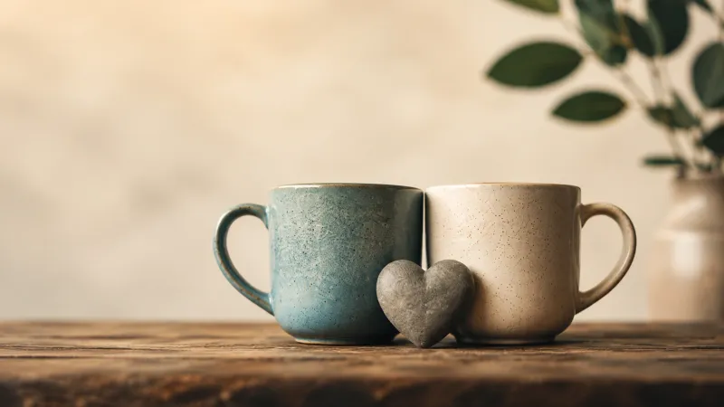 Two ceramic mugs side by side with a small heart on a wooden table, soft cozy light.