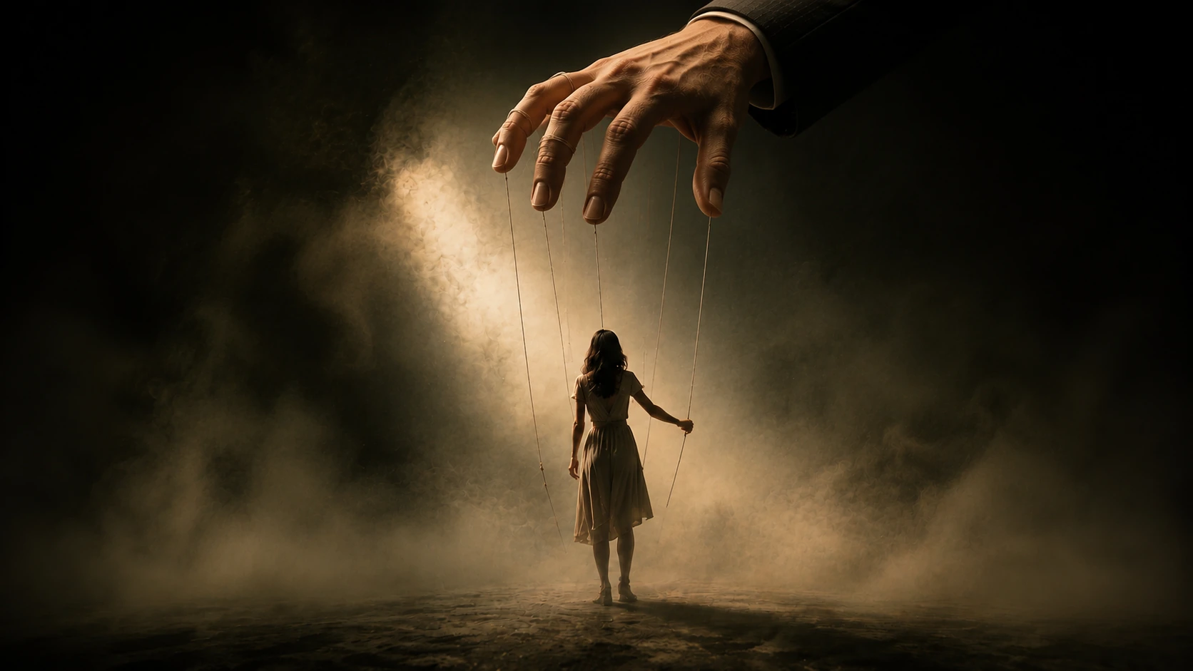 A giant hand controls a woman like a puppet in a dark, smoky scene