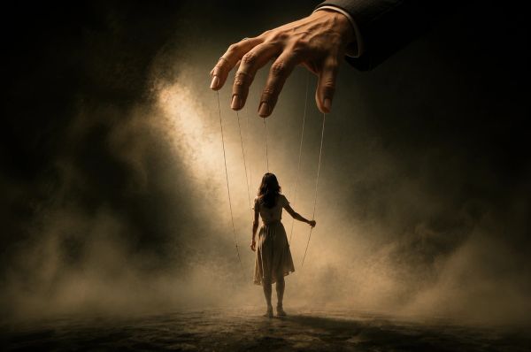 A giant hand controls a woman like a puppet in a dark, smoky scene