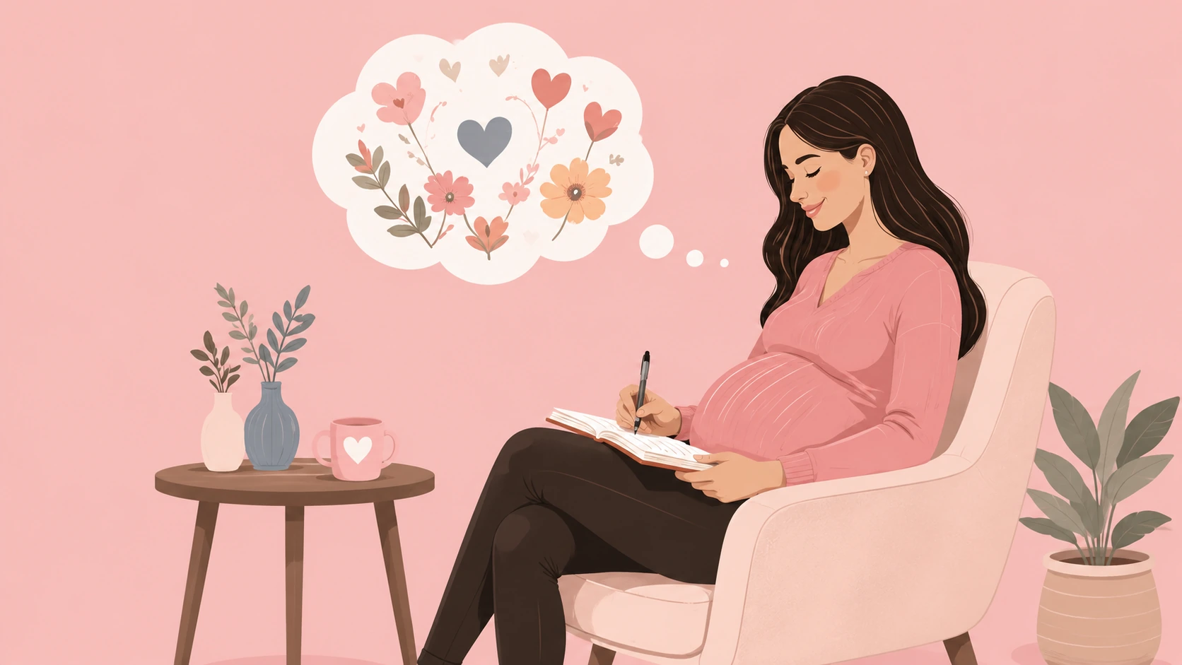 Pregnant woman journaling calmly in a pastel room with soft floral thoughts above