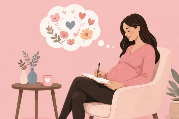 Pregnant woman journaling calmly in a pastel room with soft floral thoughts above