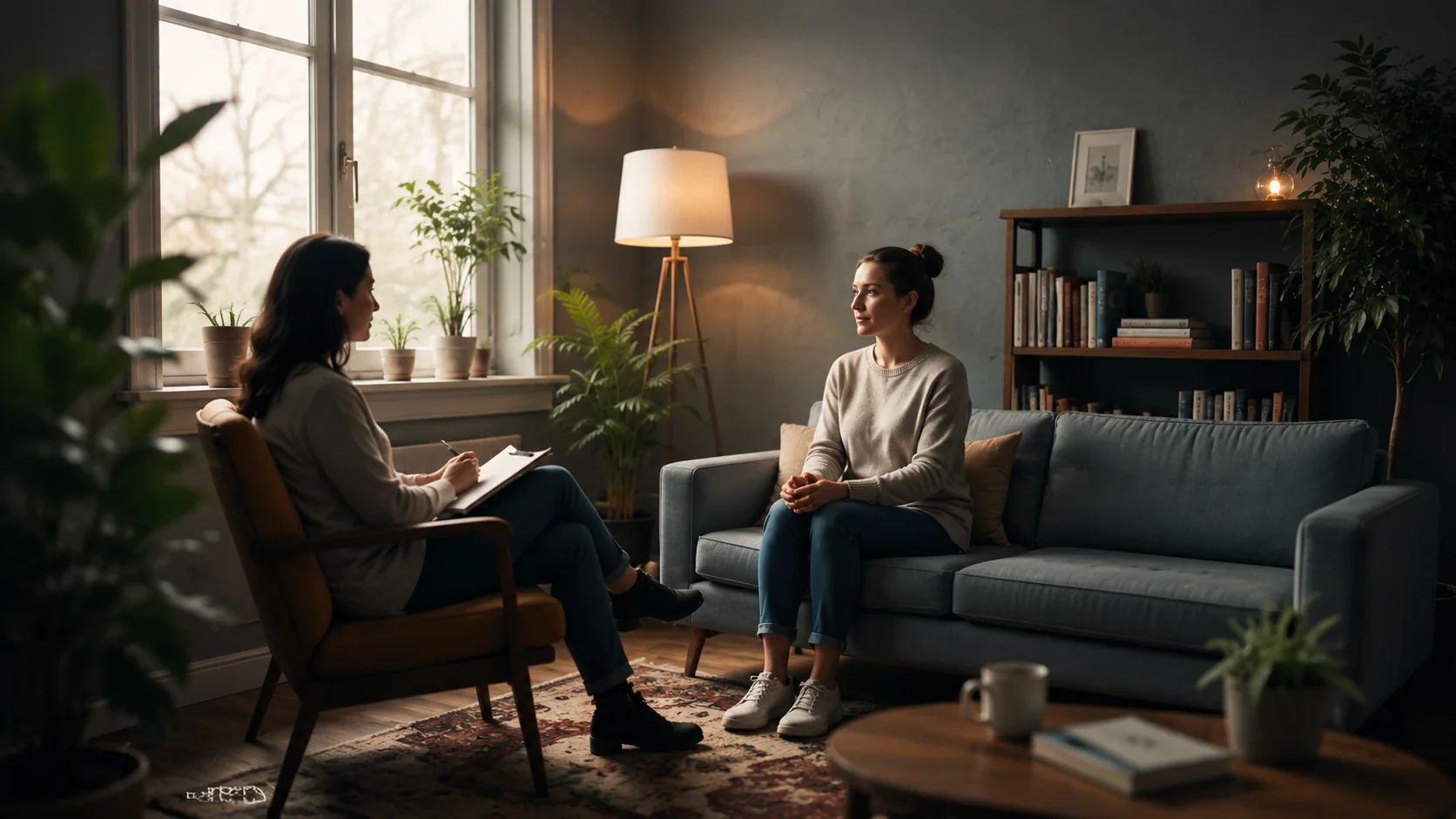 Two women in a calm, cozy therapy session, seated across from each other in soft natural light.