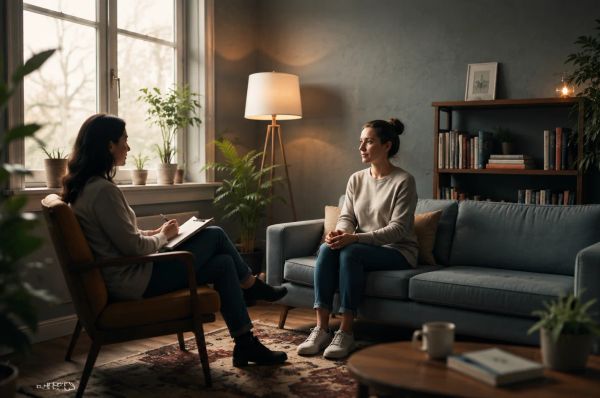 Two women in a calm, cozy therapy session, seated across from each other in soft natural light.