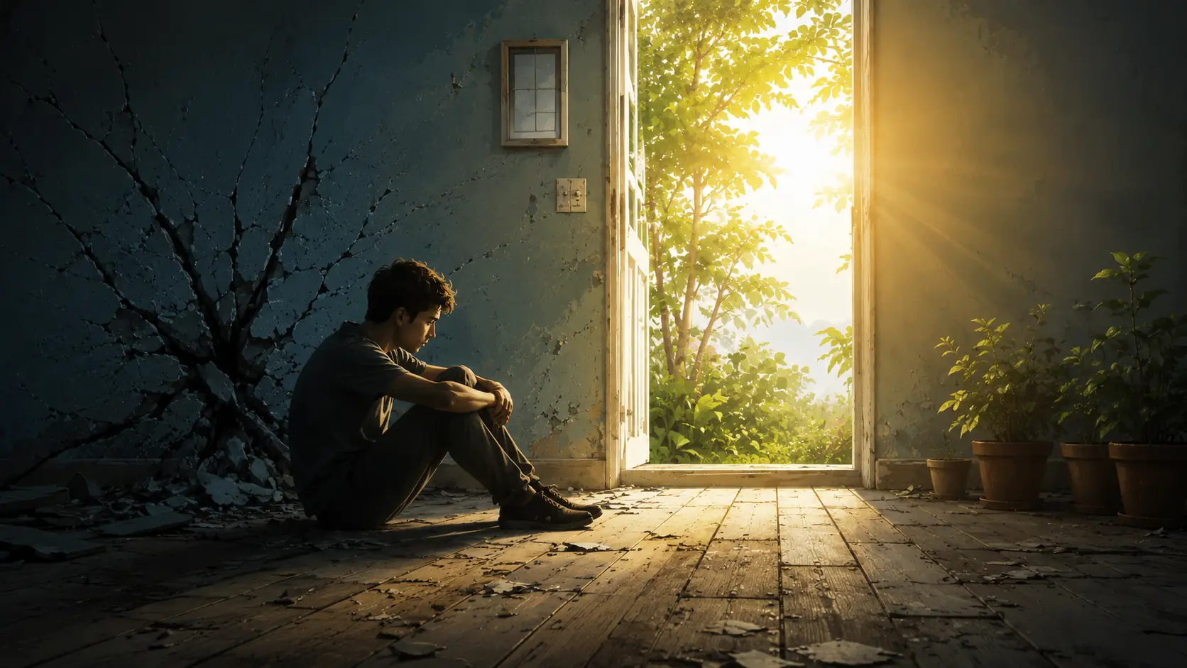 Man sits in a cracked dark room, facing a sunlit open door with plants outside.
