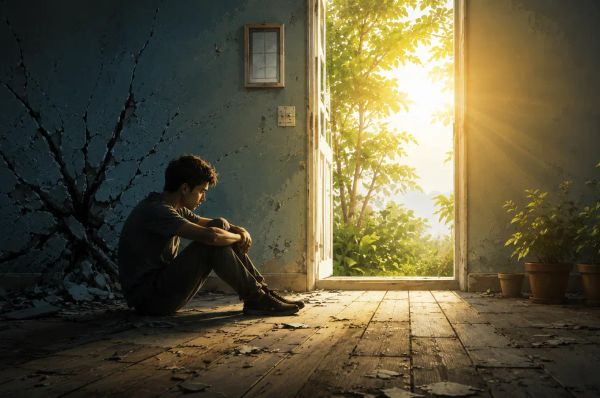 Man sits in a cracked dark room, facing a sunlit open door with plants outside.