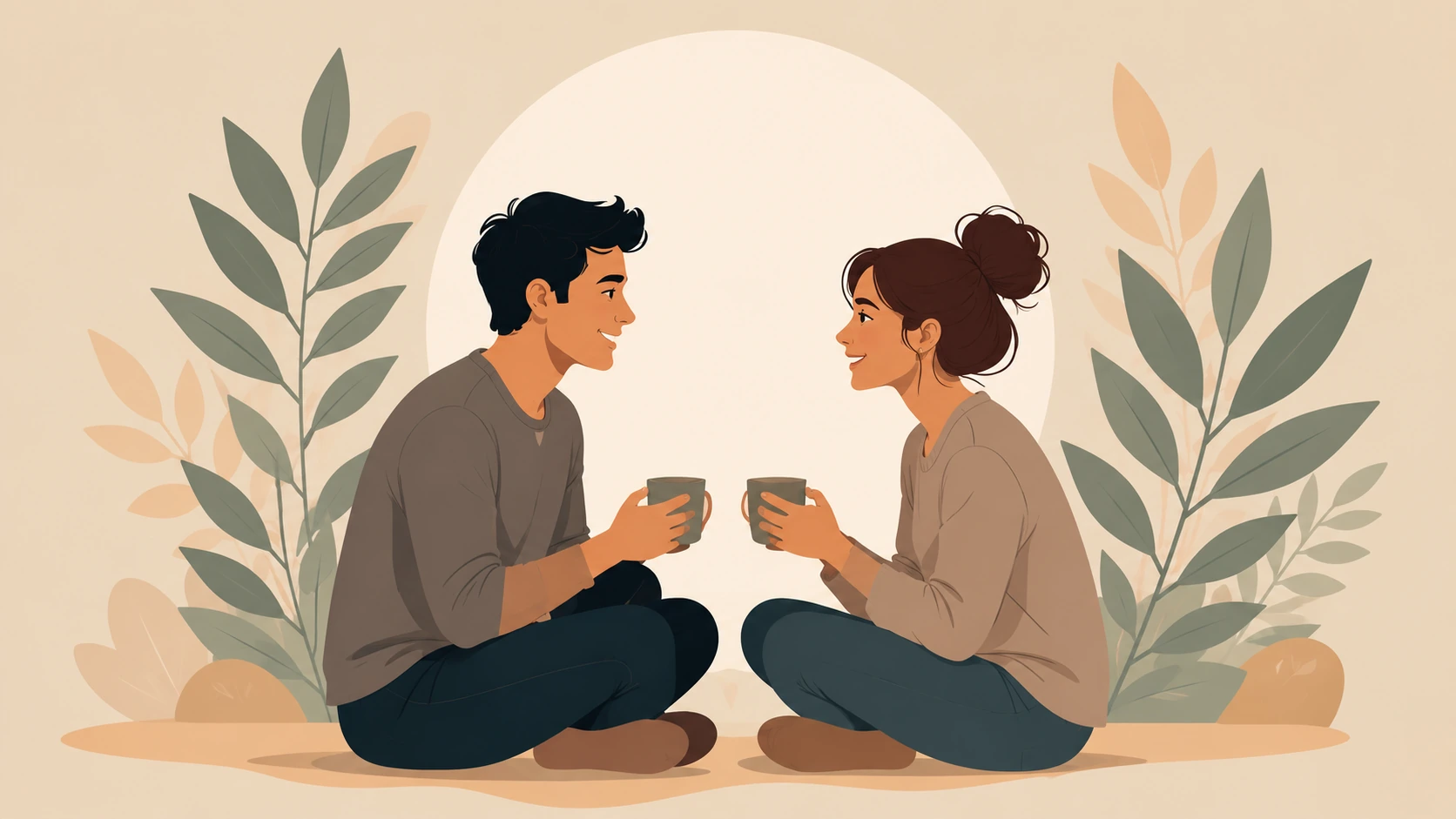Couple sitting cross-legged, smiling and talking while holding mugs in a calm, minimal setting