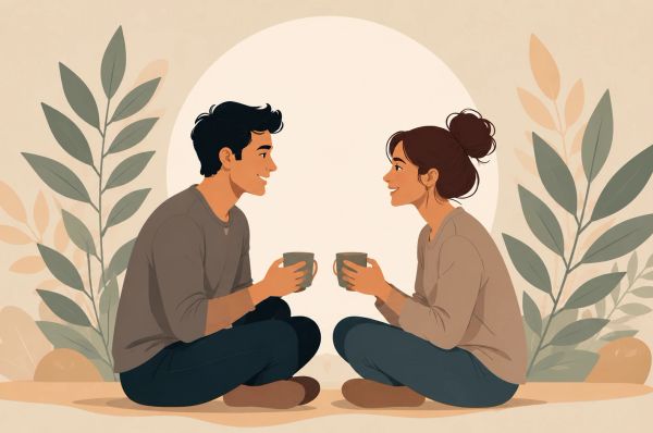 Couple sitting cross-legged, smiling and talking while holding mugs in a calm, minimal setting