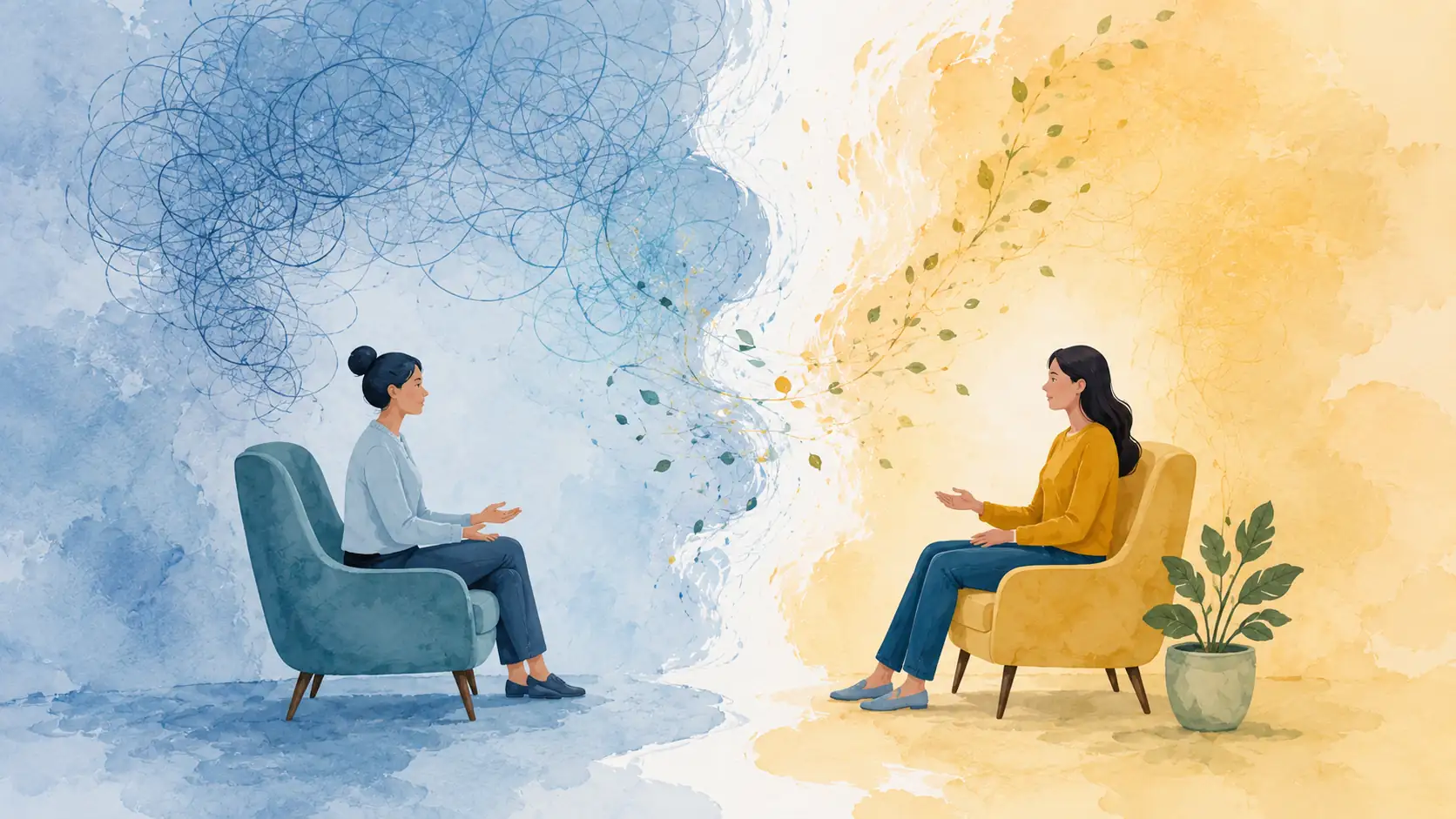 Two women sit facing each other as blue chaos transforms into warm, calm growth
