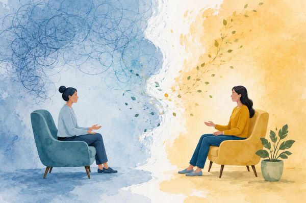 Two women sit facing each other as blue chaos transforms into warm, calm growth