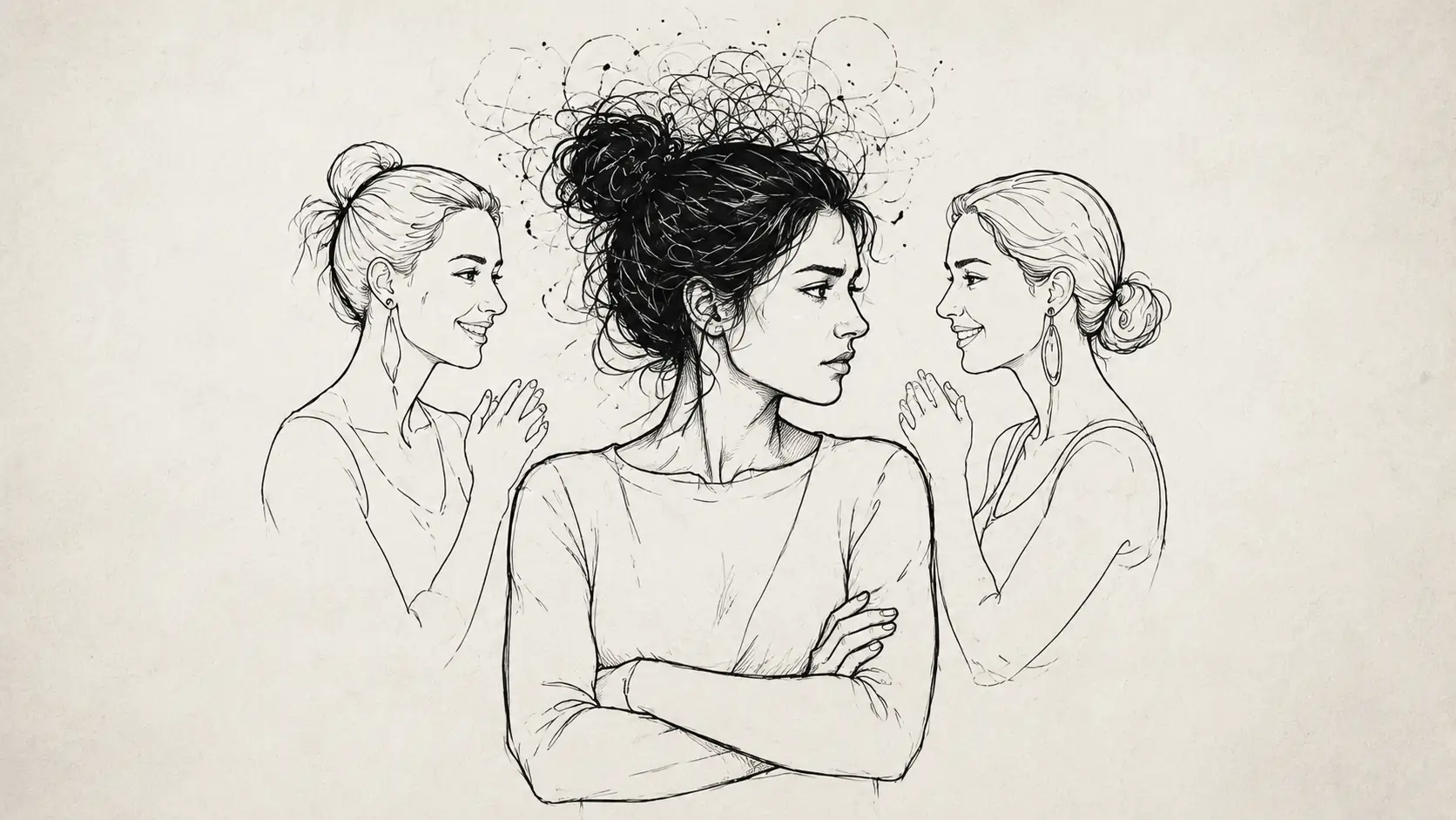 Jealous woman with crossed arms as two others whisper behind her, ink sketch style