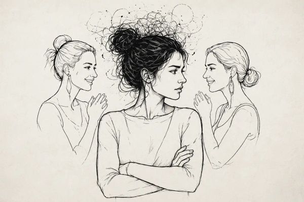 Jealous woman with crossed arms as two others whisper behind her, ink sketch style