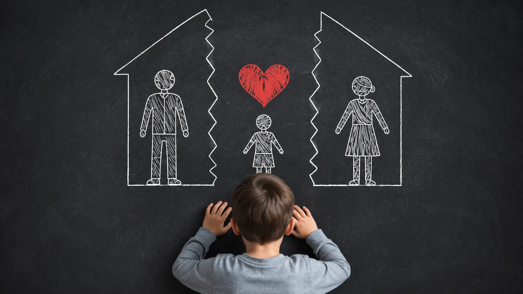 Child faces chalkboard drawing of separated parents in broken houses with a red heart above