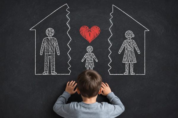 Child faces chalkboard drawing of separated parents in broken houses with a red heart above