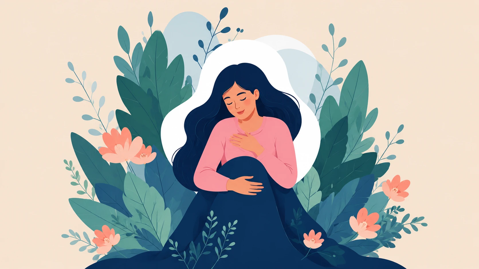 Woman gently hugging herself, surrounded by soft leaves and flowers, calm and reflective mood