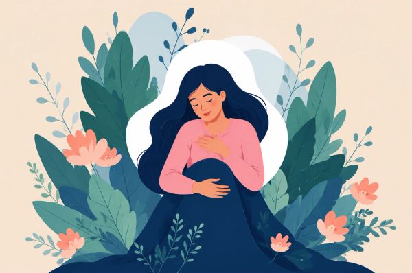 Woman gently hugging herself, surrounded by soft leaves and flowers, calm and reflective mood