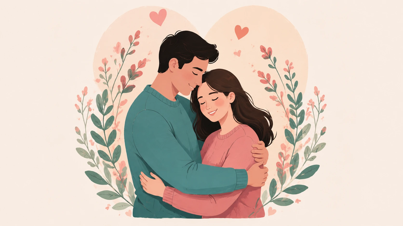 Couple embracing softly with floral heart backdrop in warm pastel tones