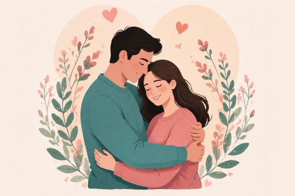 Couple embracing softly with floral heart backdrop in warm pastel tones