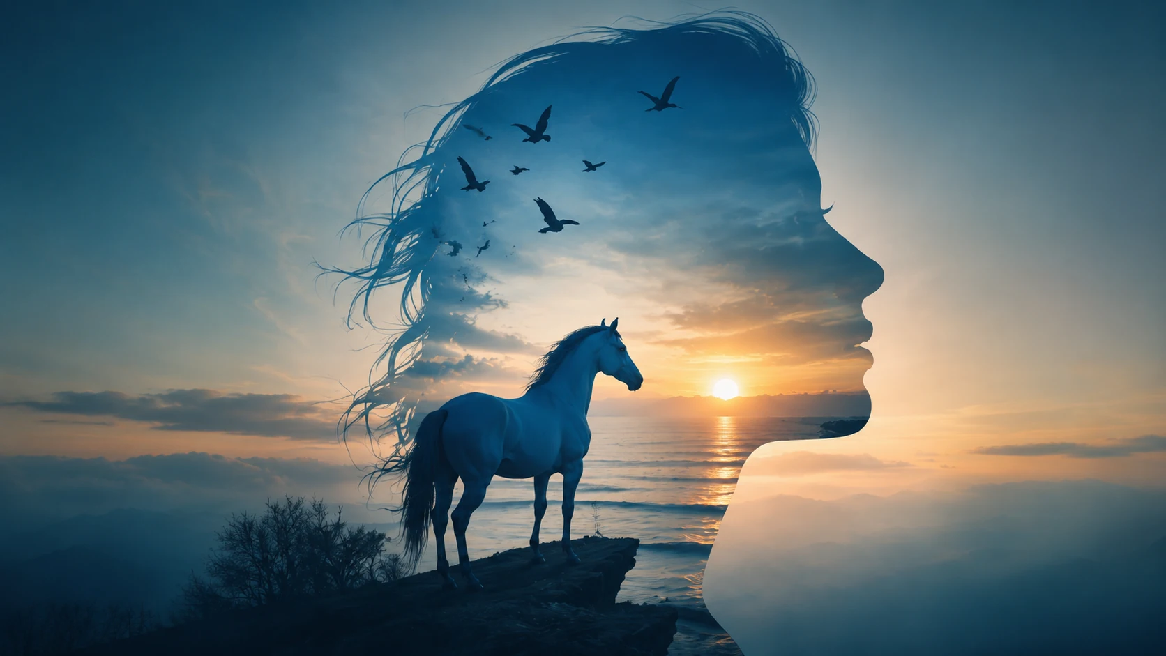 Blue horse on cliff at sunset inside a woman's silhouette with birds flying over the sea
