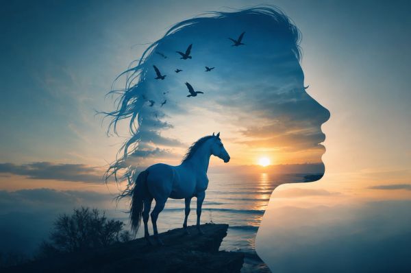 Blue horse on cliff at sunset inside a woman's silhouette with birds flying over the sea
