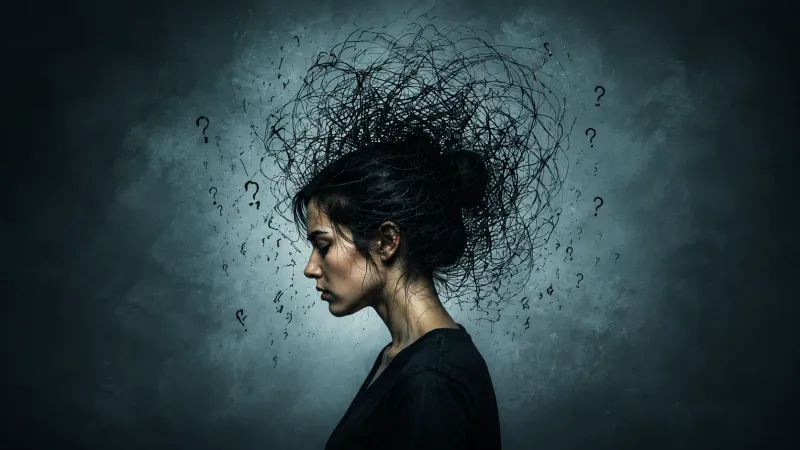 Woman in profile with chaotic scribbles around her head, symbolizing anxious thoughts