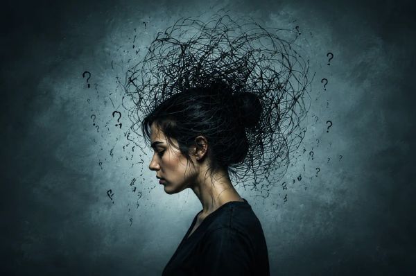 Woman in profile with chaotic scribbles around her head, symbolizing anxious thoughts