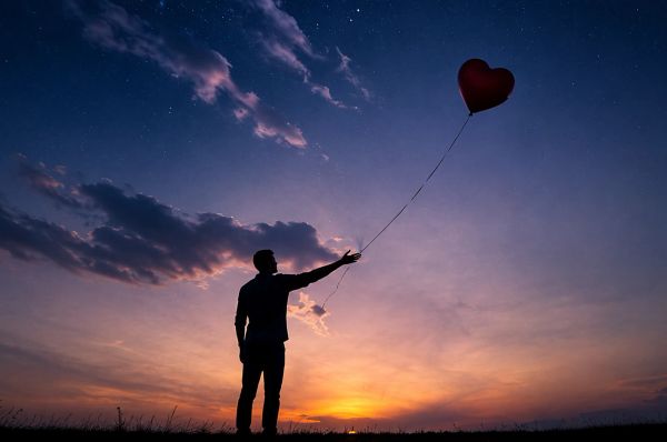 Man releasing a heart-shaped balloon into a twilight sky, symbolizing letting go