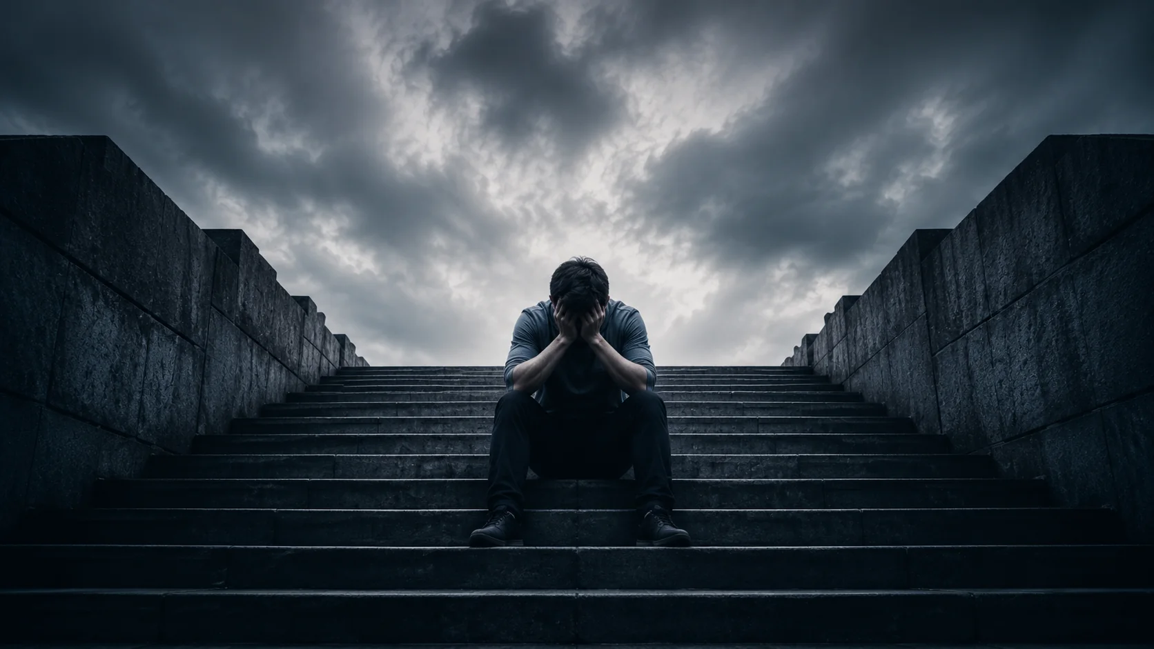 A lone person sits on dark steps under stormy skies, head in hands, overwhelmed and heavy.