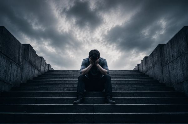 A lone person sits on dark steps under stormy skies, head in hands, overwhelmed and heavy.