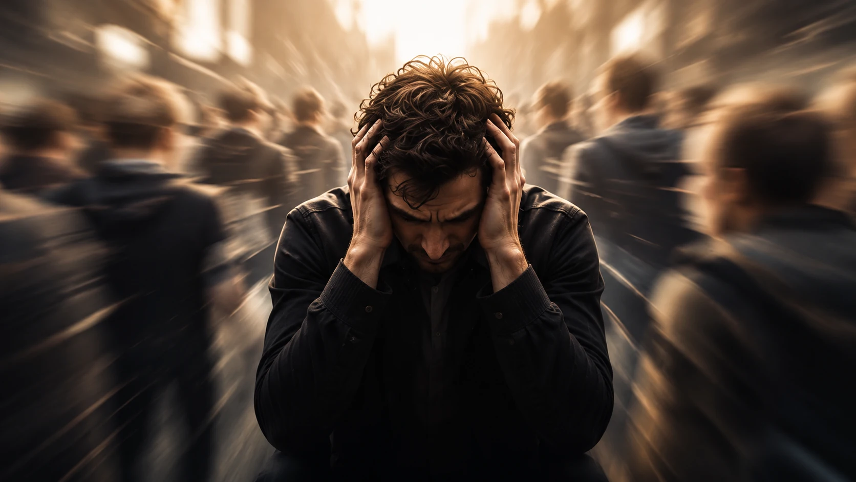 Man holding head in panic as blurred crowd rushes around him in a busy city scene