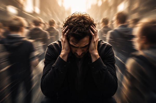 Man holding head in panic as blurred crowd rushes around him in a busy city scene