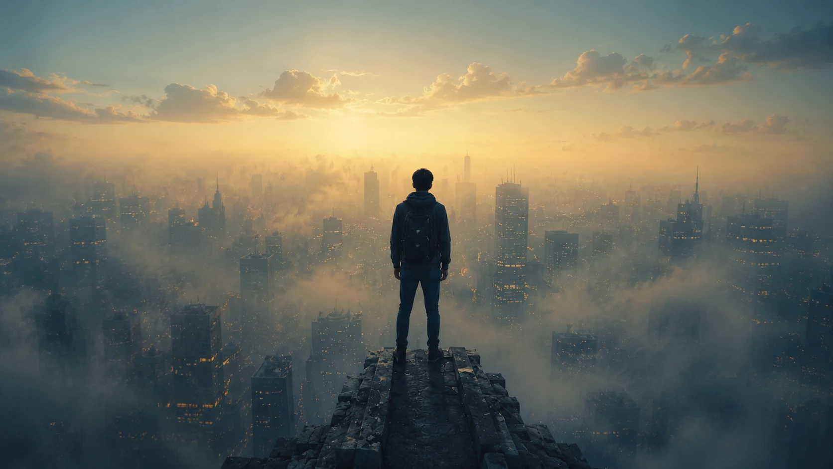 Man standing on a high ledge overlooking a misty city at sunrise, symbolizing uncertainty and hope