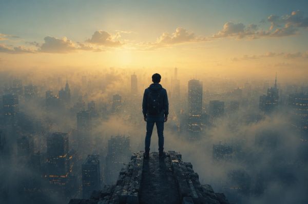 Man standing on a high ledge overlooking a misty city at sunrise, symbolizing uncertainty and hope
