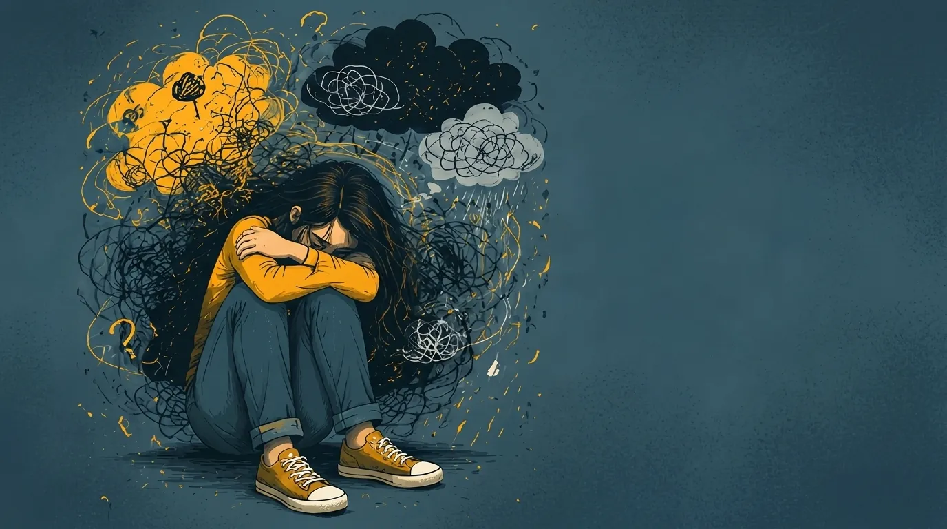 Person curled up, surrounded by chaotic scribbles and storm-like thoughts closing in