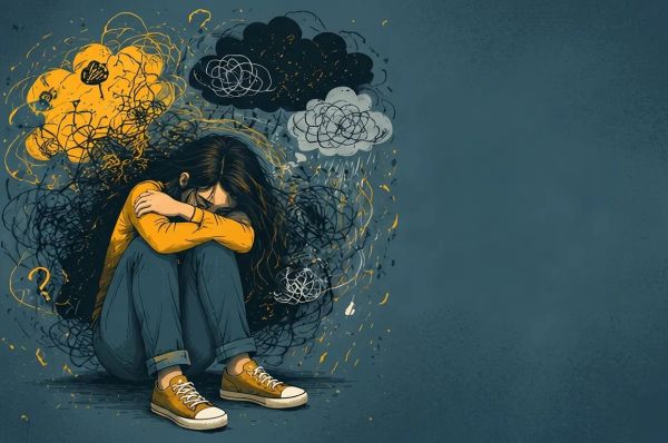 Person curled up, surrounded by chaotic scribbles and storm-like thoughts closing in