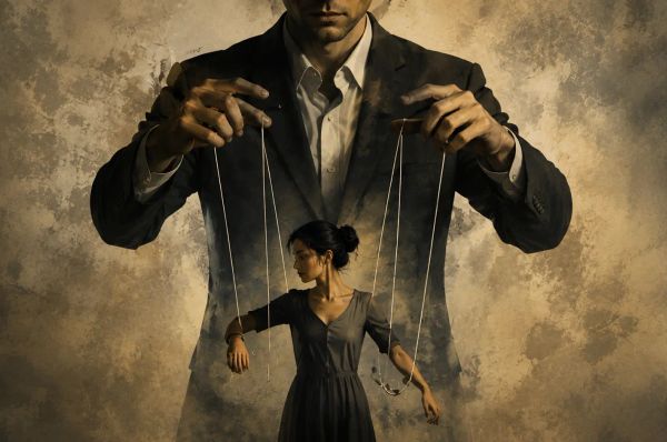 Puppet master controlling a woman like a marionette, symbolizing manipulation and control.