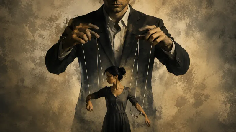 Puppet master controlling a woman like a marionette, symbolizing manipulation and control.