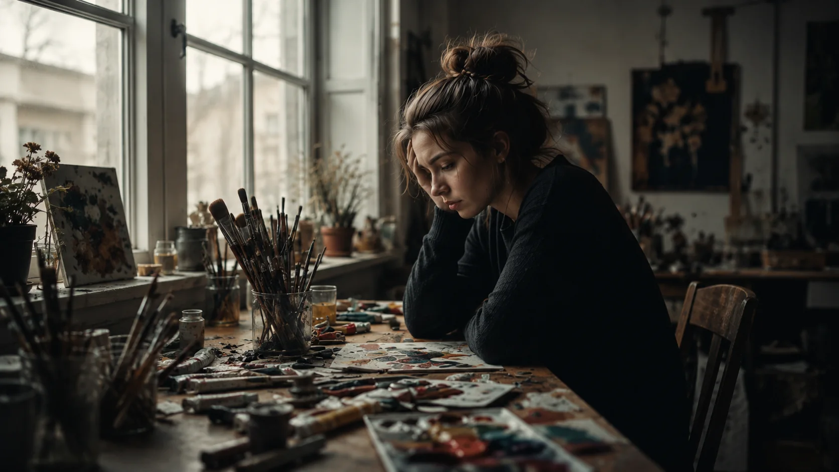 Pensive artist sits at cluttered desk, surrounded by paints in soft window light.