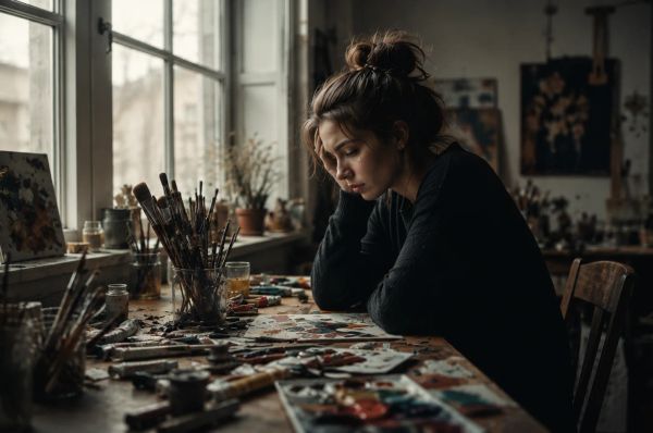 Pensive artist sits at cluttered desk, surrounded by paints in soft window light.