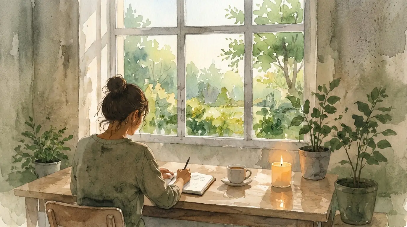Person journaling by a sunlit window with plants, calm and reflective atmosphere.
