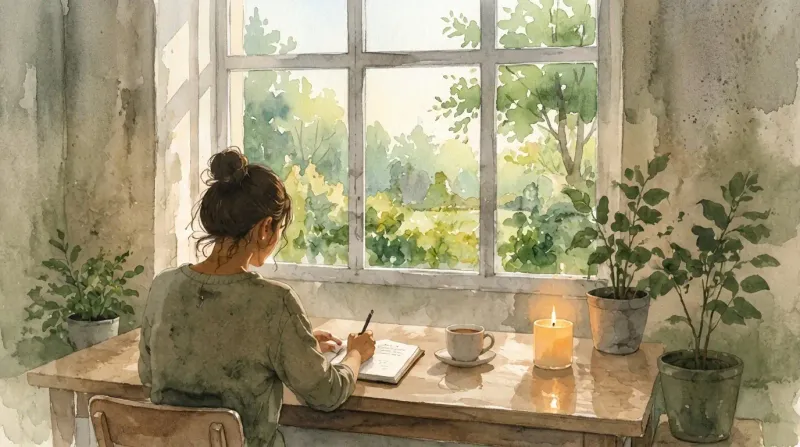 Person journaling by a sunlit window with plants, calm and reflective atmosphere.