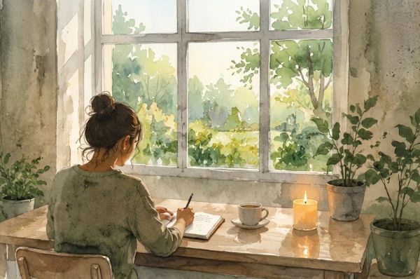 Person journaling by a sunlit window with plants, calm and reflective atmosphere.