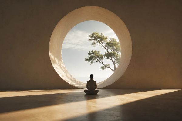 Meditative figure before a circular window, bathed in soft sunlight, symbolizing quiet inner strength.