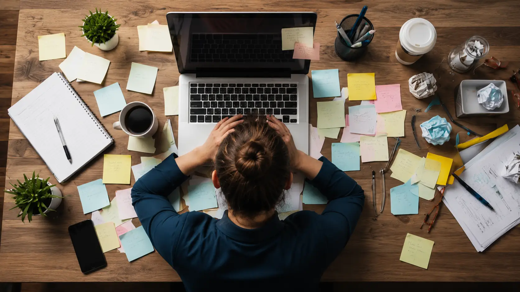 Overwhelmed woman at messy desk, surrounded by notes, staring at laptop in stress