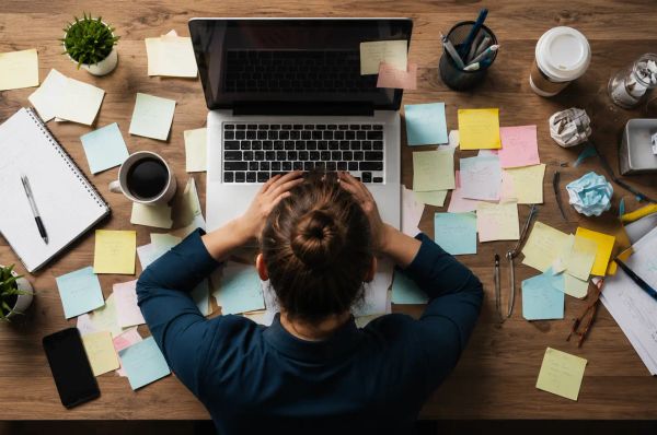 Overwhelmed woman at messy desk, surrounded by notes, staring at laptop in stress